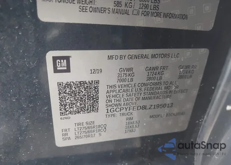 2020 Chevrolet Silverado 1500 4Wd Standard Bed Lt Trail Boss z USA, uszkodzony, nr VIN 1GCPYFED8LZ195013